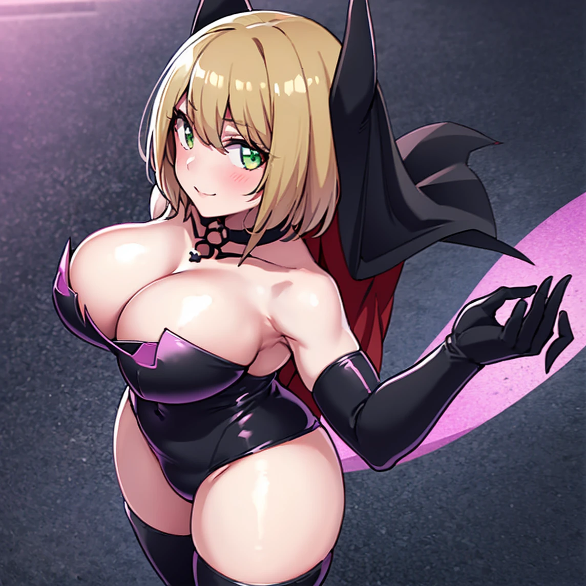 ((1girl)),((alone)),desumi magahara,(masterpiece), (best quality), (ultra detailed), (best illustration), (best shadow), (absurdities), sharp focus, cowboy photo , looking at viewer, big breasts, narrow waist, wide hips, wide thighs, round butt, dynamic stance, short hair, blonde hair, green eyes, black gloves, pink suit with black details, cleavage, cape, boned trim, up to the waist elbow gloves, thigh-high stockings, thigh-high boots, black boots, black suspenders, choker with skull detail, pink leotard with black details, black cape, seductive smile, closed mouth, (sexy pose: 1.2), alone, standing :1.3, exterior, night, cityscape, city, streets, city lights, looking forward, ((focus on breasts)), pov (from above), red blush, perfect anatomy, perfect hands