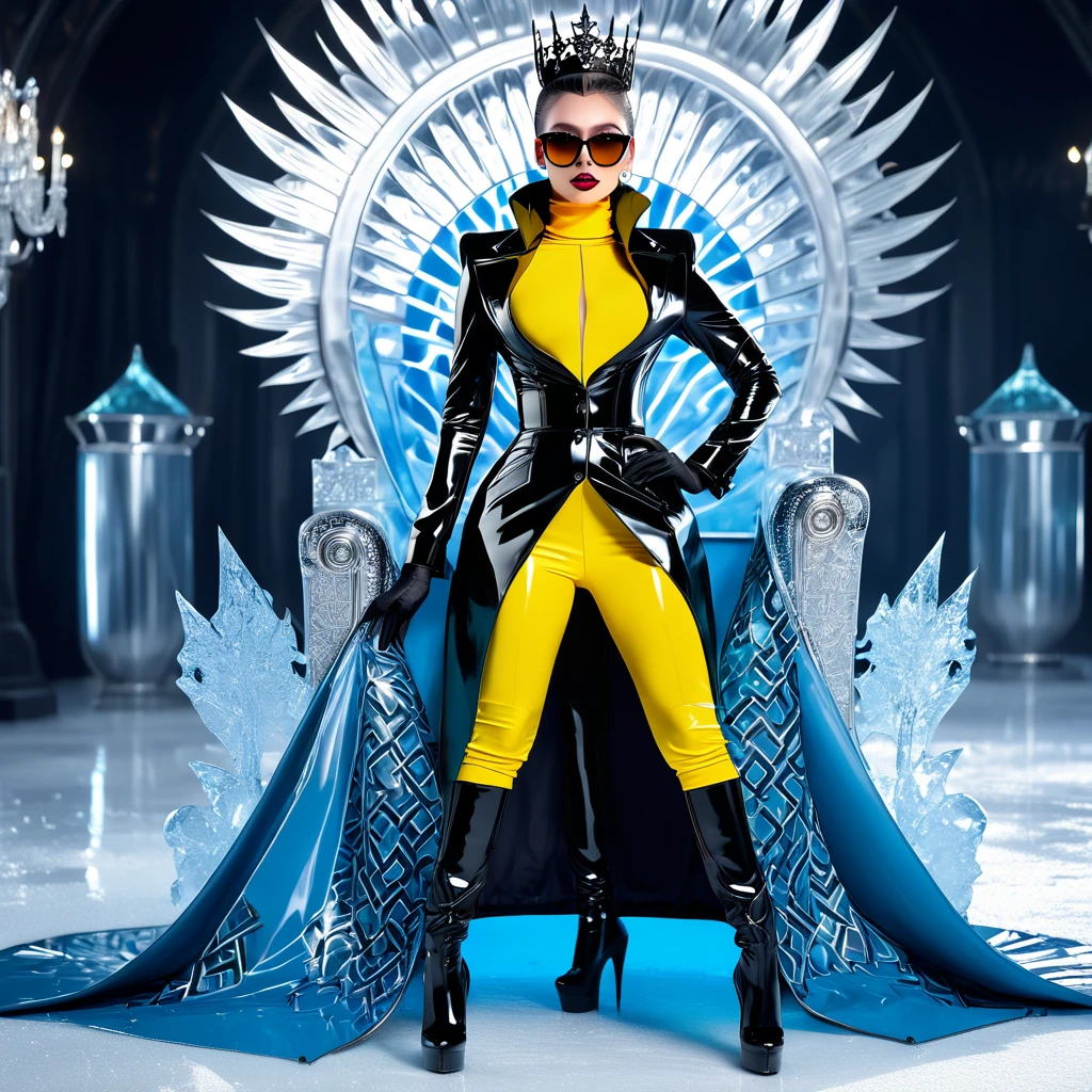 ((Super realistic details)) Shadow、octan render、8K、ultrasharp、Steampunk Body、Details of complex ornaments、cold color、Gothloli details、highly intricate detail、Realistic light、CGSoation Trends, radiant eyes featuring a stylish and confident evil ice queen, she has an arrogant look .modern fashion. dressed in bold and fashionable all yellow rubber outfits, showcasing a unique combination of elegance and strength. attire includes sleek, form-fitting dressed and bodysuit made of shiny materials, paired with oversize long latex coat that have (((dramatic high collar of coat))), (((high collar of coat))) (((very high and wide collar of coat))), (((collarbone))) and intricate patterns. The colors and designs vary, featuring a long coat with patterned latex coat. outfit is accentuated with latex boots and latex gloves, sunglasses, emphasizing her commanding and poised presence. Highlight her modern, daring fashion sense and her ability to dominate any space with her fashionable and assertive demeanor, sexy pose Sit with your legs apart, Leg spread, on ((ice throne on ice palace)), nudity.