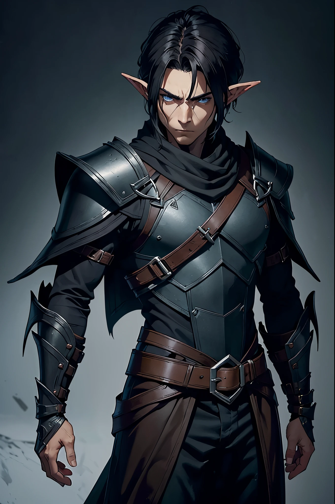 This image features a dark and mysterious character, an elf warrior. He has short, dark hair and sharp, pointed ears, indicating his elven heritage. His attire consists of dark, rugged armor with layered plates and leather straps, giving him a stealthy yet robust appearance. The armor is adorned with fur and a white scarf, adding a contrasting element to the predominantly dark color scheme. His intense gaze and serious expression reflect his readiness for battle and a hint of a mysterious past.