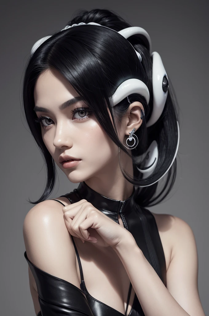 woman with squid legs and four black and white snake hair arms, with black eyes, black and blue skin color with a moon barrette in her hair and realistic style star earrings
