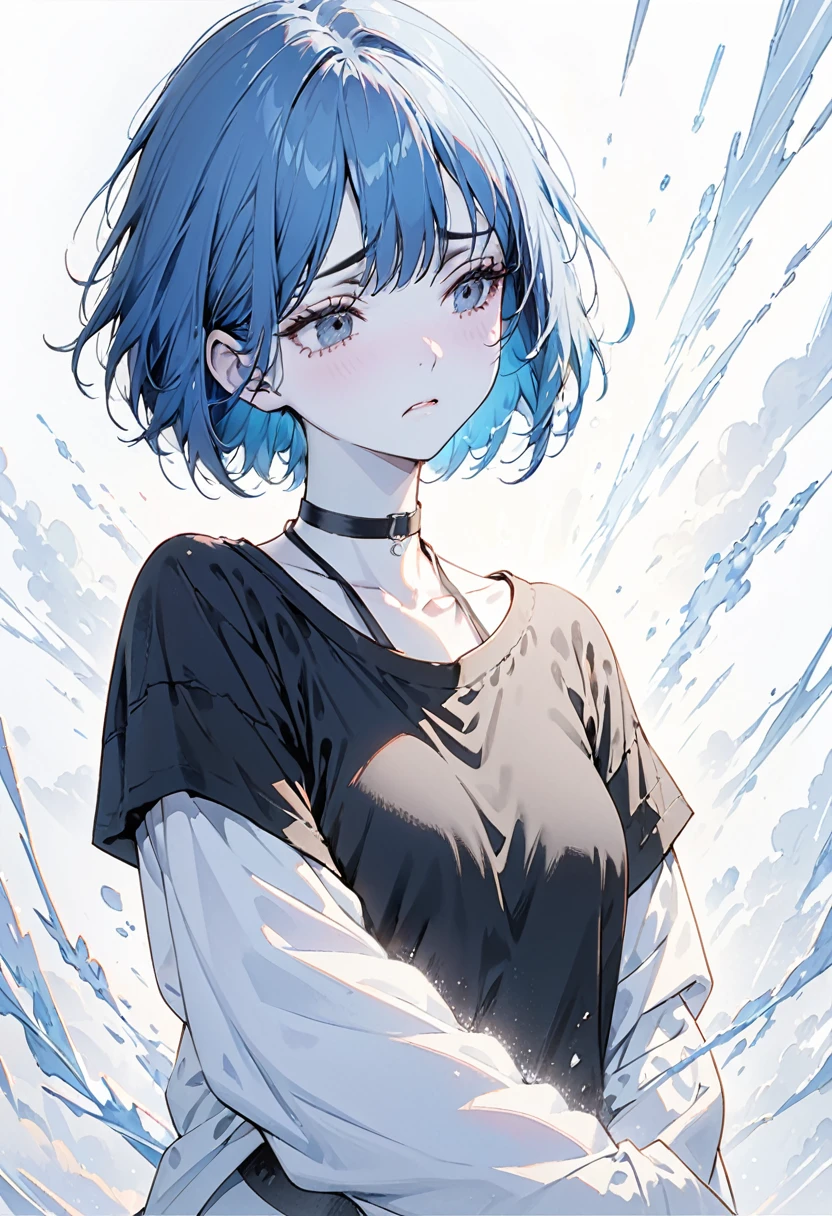 masterpiece, Highest quality, ((Pure white background)), Persistence, Slim short bob woman, Blue Hair, Black eyelashes, Black eyebrows, Cold Face, White skin, Black T-shirt, Black choker around the neck、Sad expression, Lighting Effects, soft, very clearly, High-resolution images, (front)