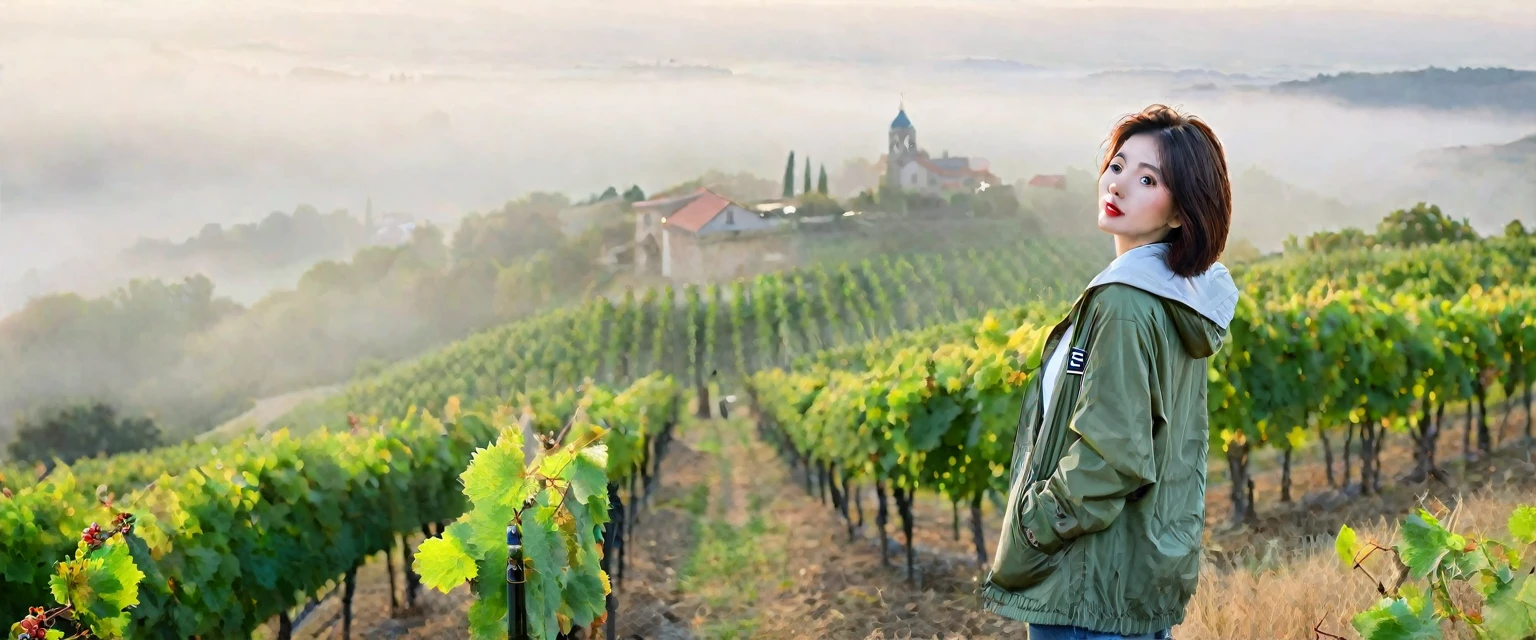 8k best picture quality, Beautiful 36-year-old Korean woman, Chest size 34 inches, The cathedral can be seen through the early morning fog past the vineyards in the Croatian countryside., The back background is realistic and vivid image quality, short and medium hair, Wearing summer short parka and casual pants,Perfect and realistic photos, The background is realistic. Full body shot with Canon camera 16-35 wide angle lens, expressionless, Standing on a vineyard hill covered in thick fog