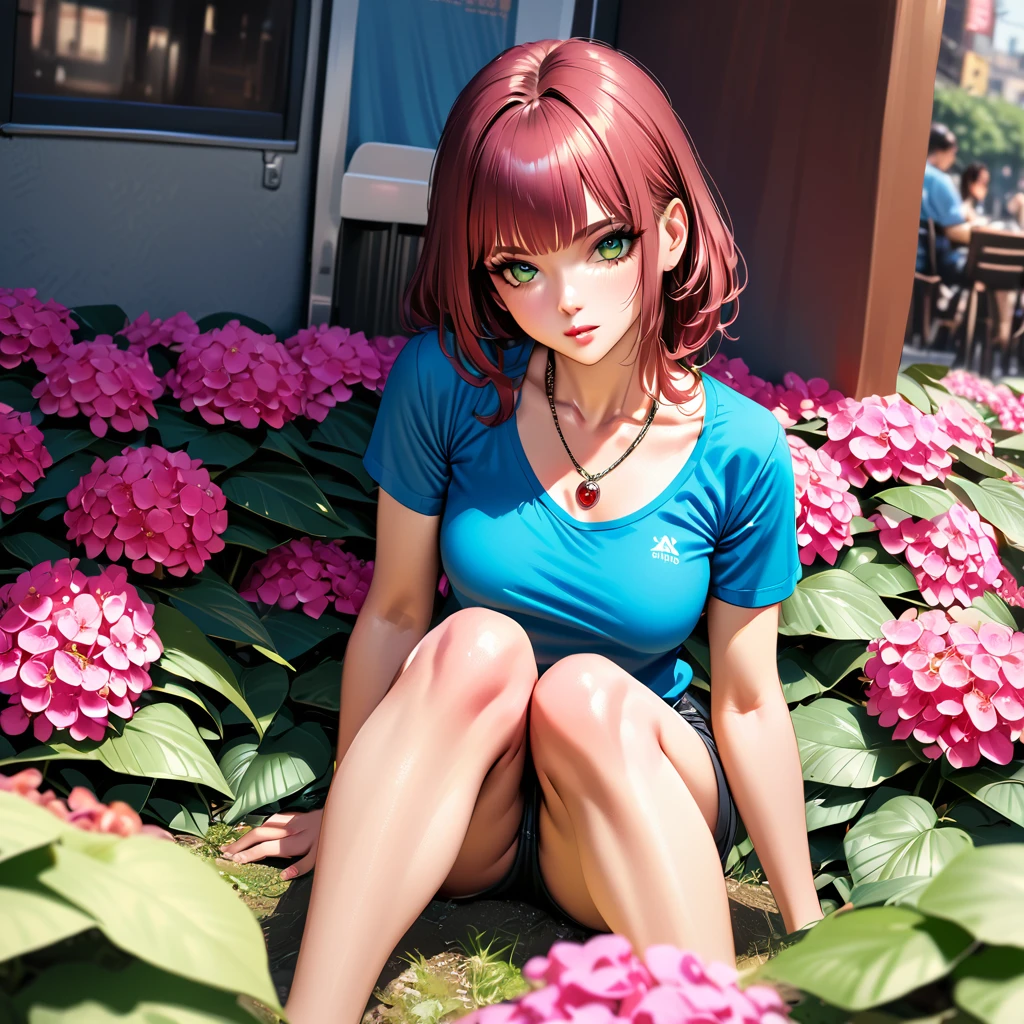 a beautiful latina woman with long chestnut hair, medium breasts, green colored eyes, wearing a blue shirt and hot pants, a red necklace, gazing at the viewer, in a colorful hydrangea park, 4k, city scenario, natta, best quality,4k,8k,highres,masterpiece:1.2,ultra-detailed,realistic,photorealistic,photo-realistic:1.37,vivid colors,studio lighting,physically-based rendering,extreme detail description,professional