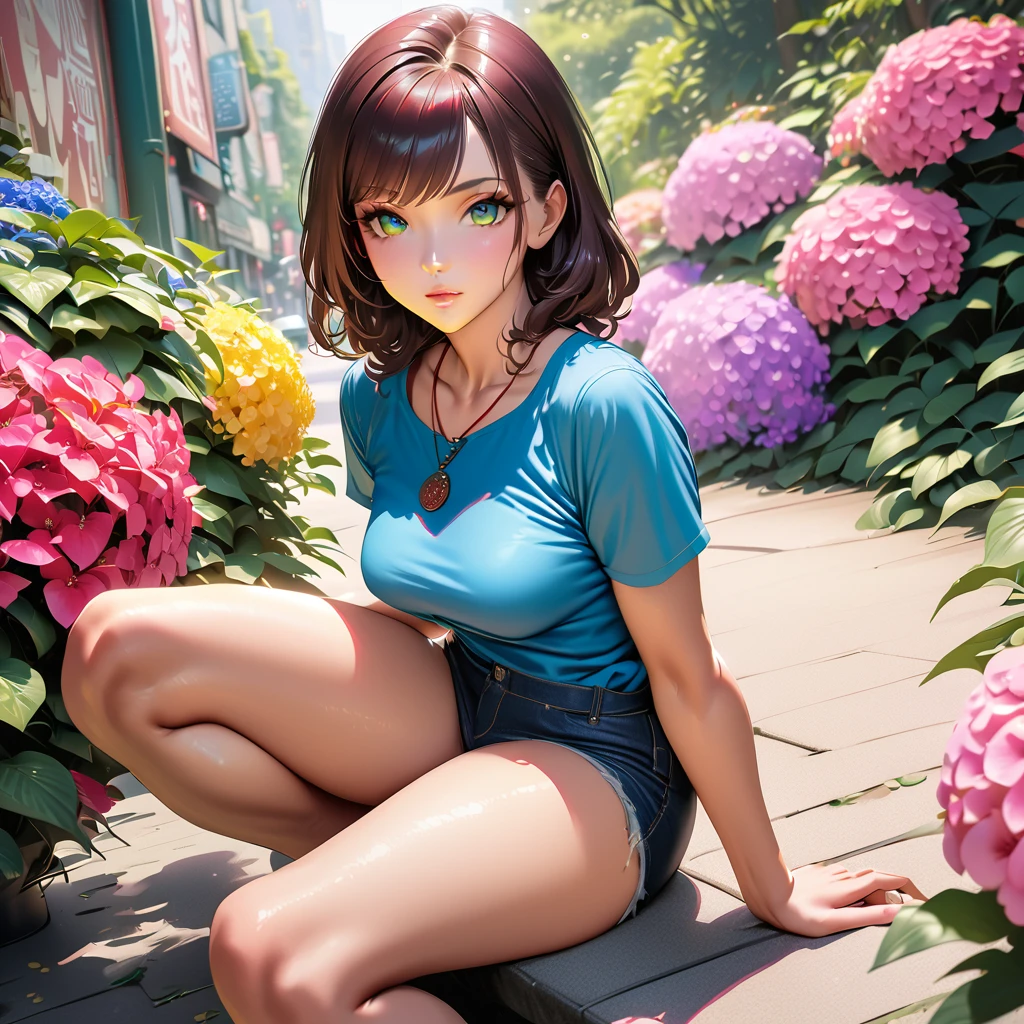 a beautiful latina woman with long chestnut hair, medium breasts, green colored eyes, wearing a blue shirt and hot pants, a red necklace, gazing at the viewer, in a colorful hydrangea park, 4k, city scenario, natta, best quality,4k,8k,highres,masterpiece:1.2,ultra-detailed,realistic,photorealistic,photo-realistic:1.37,vivid colors,studio lighting,physically-based rendering,extreme detail description,professional