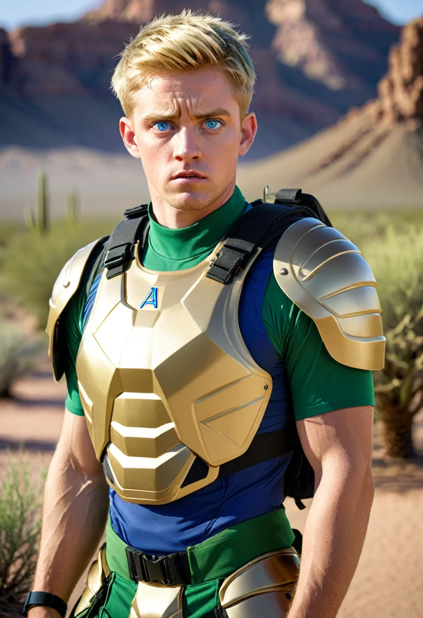 A (((man))) wearing high tech gold body armor, with (green under suit) short sleeves, combat backpack. short blonde hair, blue eyes, (wide eyes), (((confused face))). youthful face. Arizona desert background. Body shot