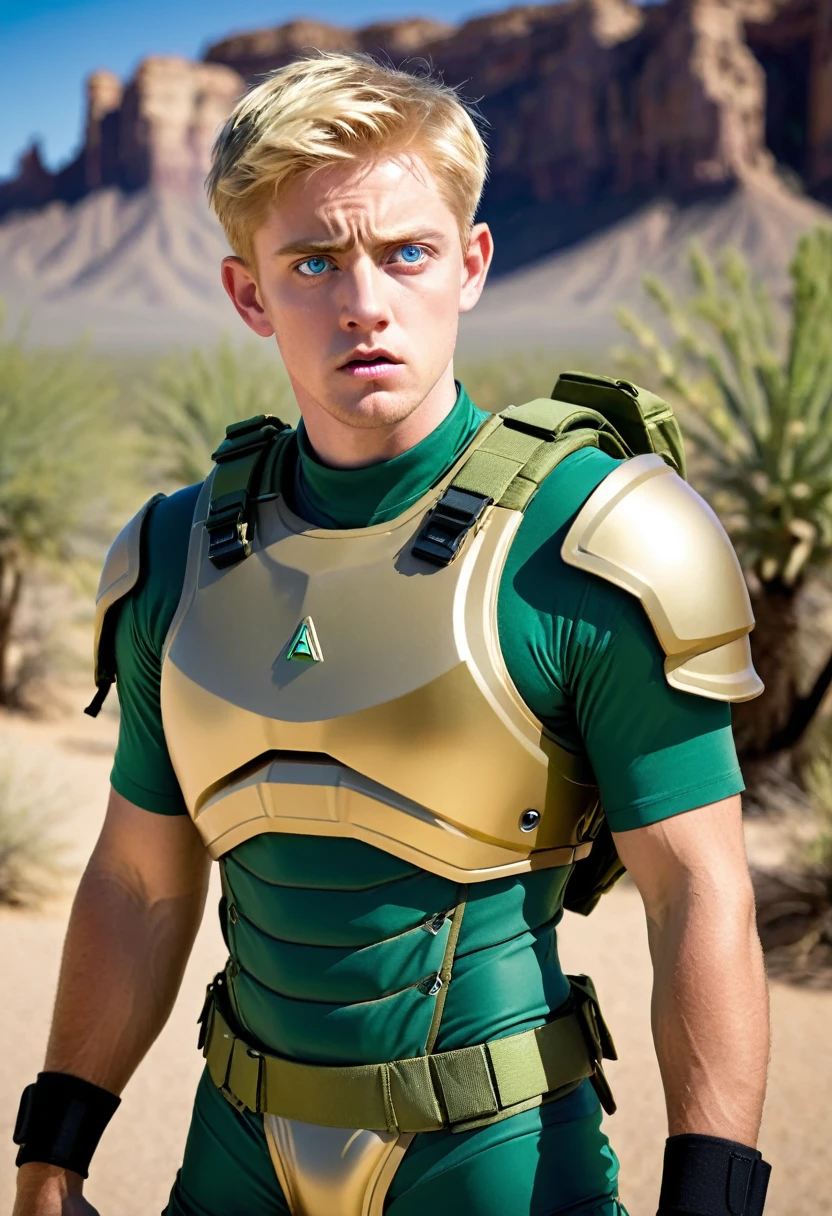 A (((man))) wearing high tech gold body armor, with (green under suit) short sleeves, combat backpack. short blonde hair, blue eyes, (wide eyes), (((confused face))). youthful face. Arizona desert background. Body shot