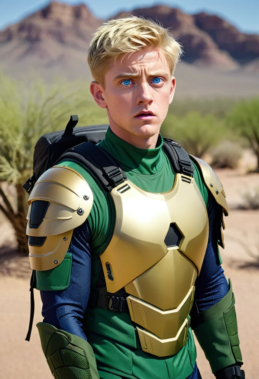 A (((man))) wearing high tech gold body armor, with (green under suit) short sleeves, combat backpack. short blonde hair, blue eyes, (wide eyes), (((confused face))). youthful face. Arizona desert background. Body shot
