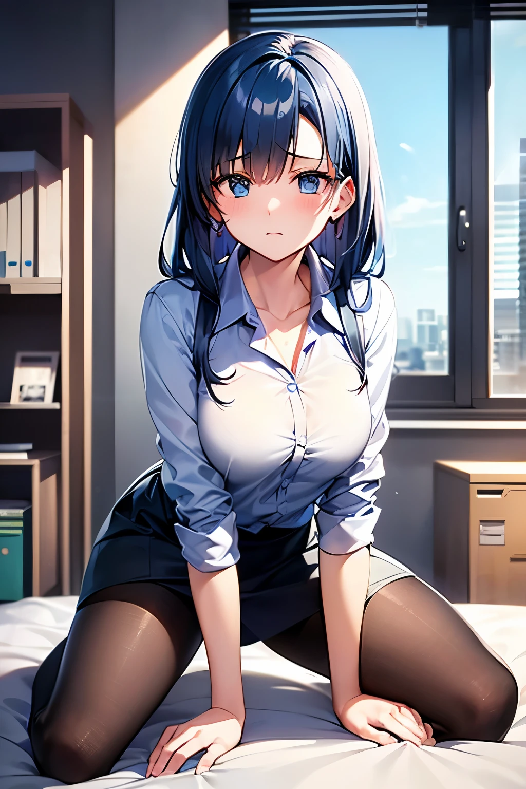 Highest quality, (masterpiece:1.2), Very detailed, 
One girl, alone,
View your viewers, Embarrassed expression, Medium chest, 
Light blue eyes, Blue Hair, Eyes without light、Medium-long hair、Permed hair、((pantyhose))、Bedroom、((office worker))、((Tight Skirt))、(mini skirt)、(Kneeling)