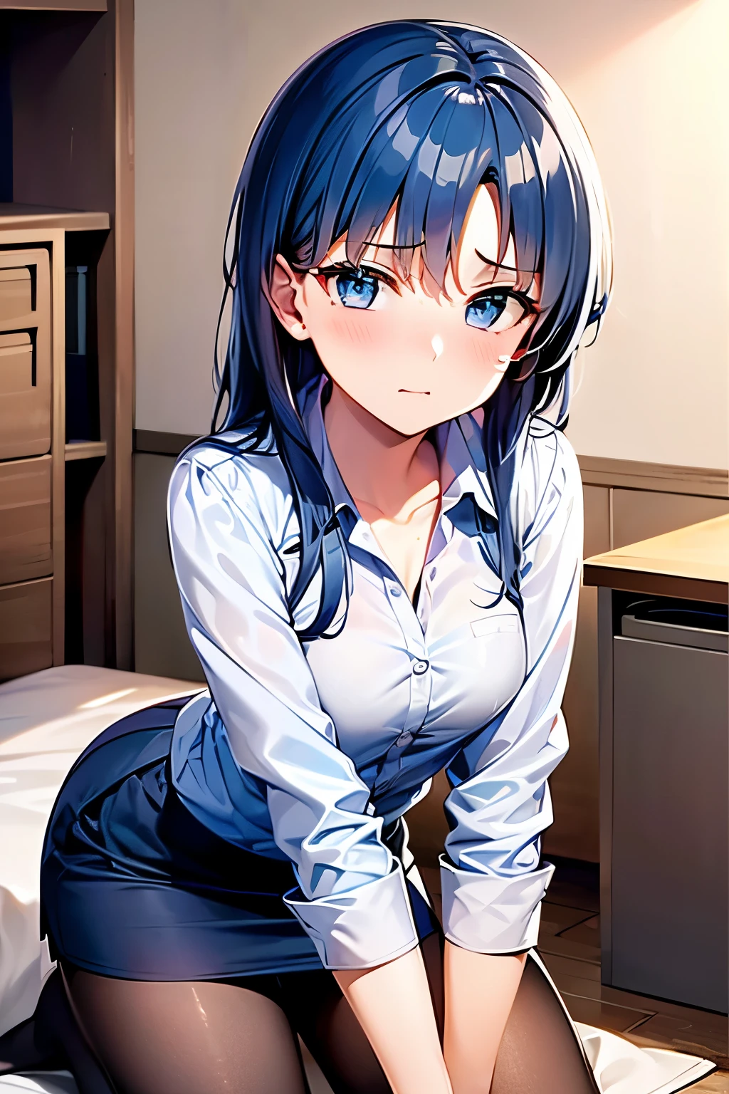 Highest quality, (masterpiece:1.2), Very detailed,
One girl, alone,
View your viewers, Embarrassed expression, Medium chest,
Light blue eyes, Blue Hair, Eyes without light、Medium-long hair、Permed hair、((pantyhose))、Bedroom、((office worker))、((Tight Skirt))、(mini skirt)、(Kneeling)