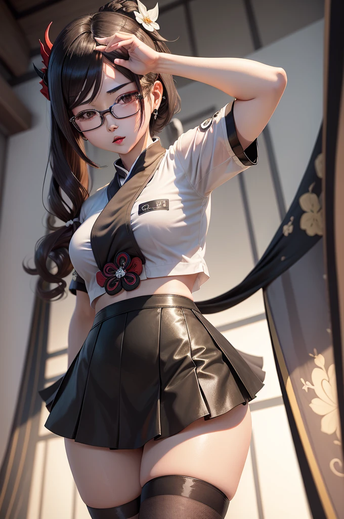 Chiori, (genshin impact), Sexy aesthetic wet short skirt white shirt short black skirt black stockings long hair glasses hands raised
