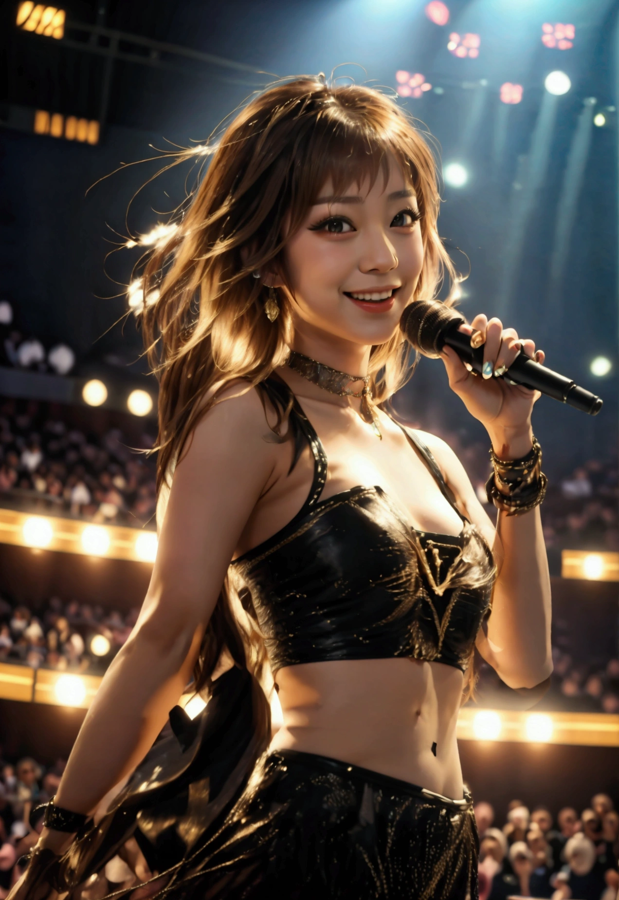 “A large concert hall stage with Kumi Koda smiling and singing during a live performance. She is captivating the audience with her sexy outfit and energetic presence.”