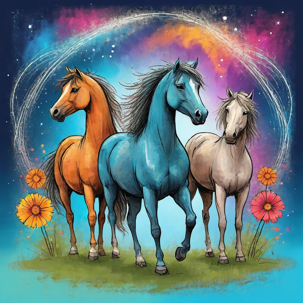 vectorial art, Colorful illustration with horses and flowers, At the center, swirly vibrant colors,Rainforest starry sky background