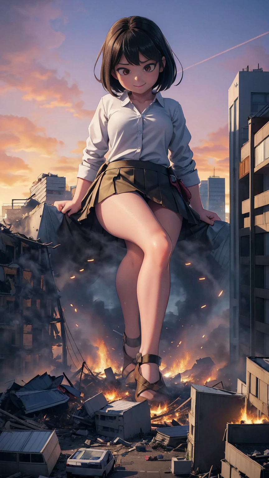 （Giantess Elements、High resolution、High resolution、high quality、accurate body structure、Detailed body）Aerial view、Looking down on a woman from above、Towering Giant Girl, 50,000 feet high、Giants attack the city、Cute Woman、Destroy a small town淫乱な女性、Destroy a small town、Mischievous look、Swing your legs up、high school girl、White shirt、Check skirt、Tokyo、Glowing Skin、Giantess、smile、Trampling buildings、rubble、Burning Small Town、Destroyed small building、Spooky sky、hell、Collapsed highway、Cars are crushed、Residents evacuated、sunset、Burning Small Town、go ahead、walk、Looming、Trampling、Anatomically correct、Accurate human body、Accurate skeleton、Full body portrait、Bob Hair、Black Hair、Red eyes、足元に散らばるrubble、Higher than skyscrapers、Big impact、amazing、Giantess Elements、Draw a woman in a big way、Increase the destructive element、Making cities smaller