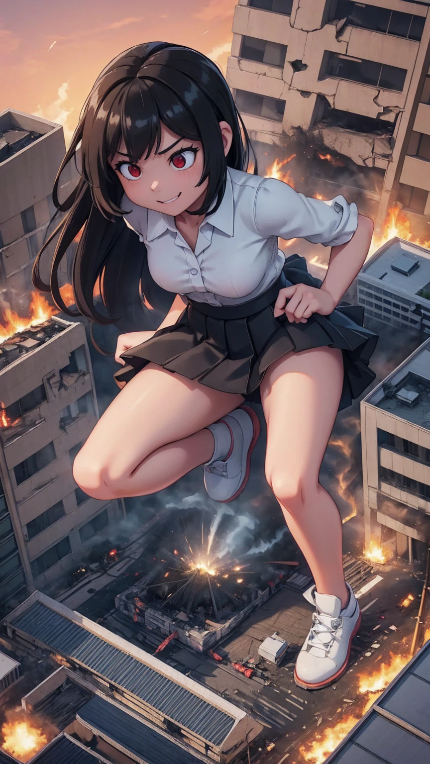（Giantess Elements、High resolution、High resolution、high quality、accurate body structure、Detailed body）Aerial view、Looking down on a woman from above、Towering Giant Girl, 50,000 feet high、Giants attack the city、Cute Woman、Destroy a small town淫乱な女性、Destroy a small town、Mischievous look、Swing your legs up、high school girl、White shirt、Check skirt、Tokyo、Glowing Skin、Giantess、smile、Trampling buildings、rubble、Burning Small Town、Destroyed small building、Spooky sky、hell、Collapsed highway、Cars are crushed、Residents evacuated、sunset、Burning Small Town、go ahead、walk、Looming、Trampling、Anatomically correct、Accurate human body、Accurate skeleton、Full body portrait、Bob Hair、Black Hair、Red eyes、足元に散らばるrubble、Higher than skyscrapers、Big impact、amazing、Giantess Elements、Draw a woman in a big way、Increase the destructive element、Making cities smaller