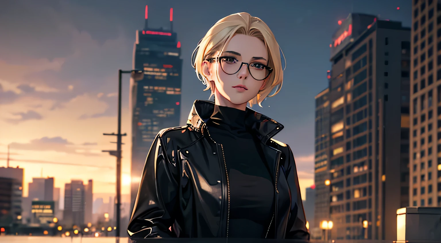 a handsome women with short blonde hair, green eyes, hairstyle with hair slicked back, in a beautiful cityscape background, (best quality,4k,8k,highres,masterpiece:1.2),ultra-detailed,(realistic,photorealistic,photo-realistic:1.37),portrait,cityscape,cinematic lighting,intricate details,sharp focus,studio lighting,vibrant colors, neon, future, black raincoat jacket, black turtleneck under the raincoat, black pants, boots, sunlight glasses