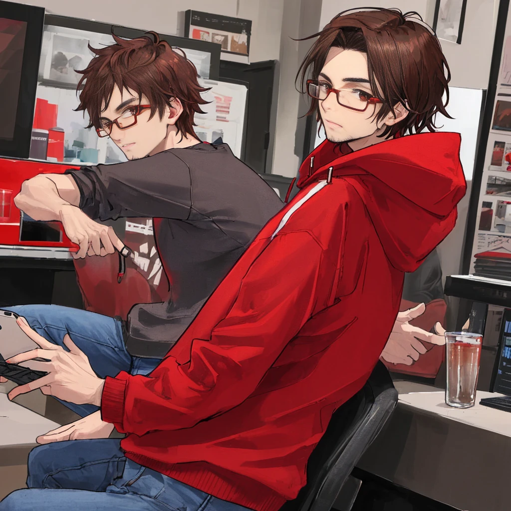 Male with dark brown hair and a stubble, wearing a red hoddie and jeans, wearing glasses.