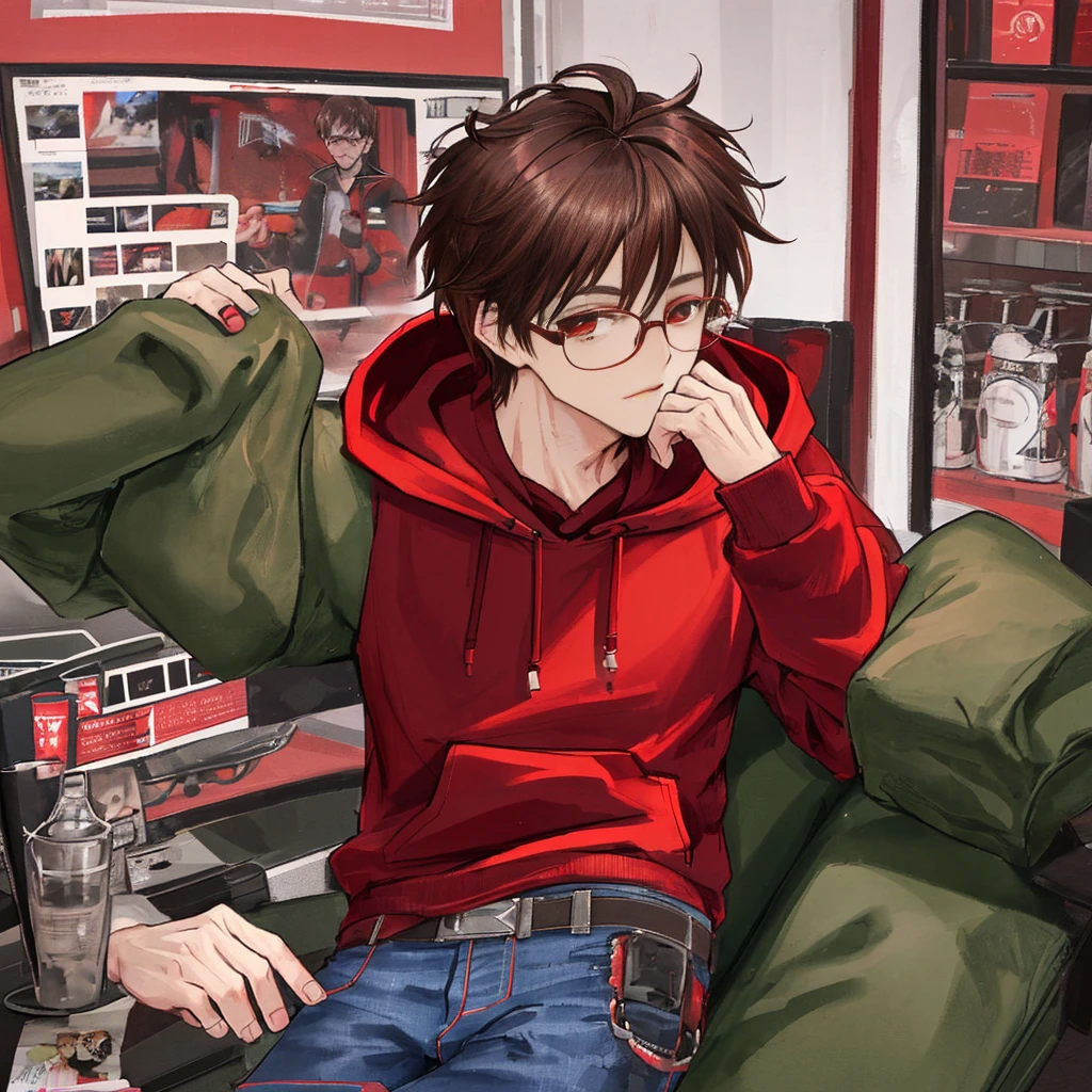 Male with dark brown hair and a stubble, wearing a red hoddie and jeans, wearing glasses.