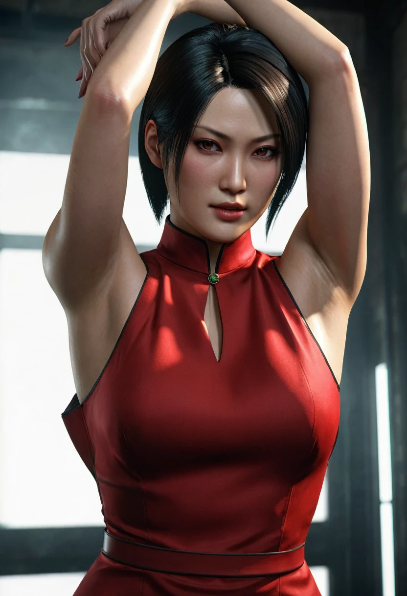 (Highest quality:1.3), cinematic shot, masterpiece, (sharp focus:1.5), (photorealistic:1.3), Ada Wong is a prominent character in the Resident Evil video game series. She is known for her mysterious and enigmatic persona. With her striking appearance, massive breast, Ada often wears a red qipao dress, which is a traditional Chinese outfit. Her dark hair, intense eyes, and a penchant for high heels contribute to her alluring and iconic look.

Ada is characterized by her intelligence, resourcefulness, and combat skills. She's skilled in using firearms, melee weapons, and gadgets, making her a versatile fighter. Throughout the series, she's often seen as an independent and secretive individual, driven by her own motives. Her interactions with other characters are usually marked by a sense of ambiguity and hidden agendas.

Ada's involvement in the series typically revolves around espionage, uncovering conspiracies, and dealing with biohazard outbreaks. Her complex relationships with other characters, such as Leon S. Kennedy, contribute to the intrigue and drama within the game's narrative. Overall, Ada Wong's multifaceted personality, captivating appearance, and central role in the Resident Evil series make her a memorable and iconic game character, (highly detailed skin),  (detailed face), detailed background, cinematic lighting, dramatic lighting, volumetric lighting,  intricate details, UHD,