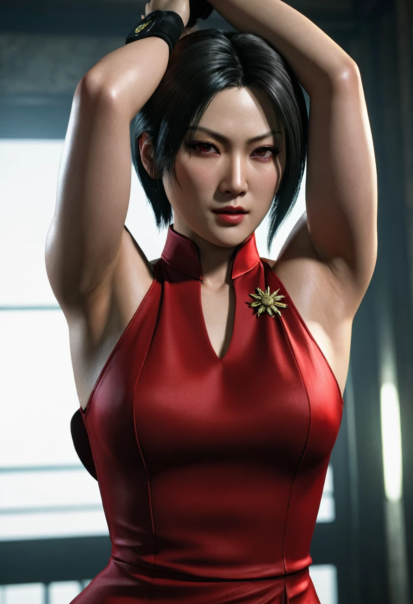 (Highest quality:1.3), cinematic shot, masterpiece, (sharp focus:1.5), (photorealistic:1.3), Ada Wong is a prominent character in the Resident Evil video game series. She is known for her mysterious and enigmatic persona. With her striking appearance, massive breast, Ada often wears a red qipao dress, which is a traditional Chinese outfit. Her dark hair, intense eyes, and a penchant for high heels contribute to her alluring and iconic look.
Ada is characterized by her intelligence, resourcefulness, and combat skills. She's skilled in using firearms, melee weapons, and gadgets, making her a versatile fighter. Throughout the series, she's often seen as an independent and secretive individual, driven by her own motives. Her interactions with other characters are usually marked by a sense of ambiguity and hidden agendas.
Ada's involvement in the series typically revolves around espionage, uncovering conspiracies, and dealing with biohazard outbreaks. Her complex relationships with other characters, such as Leon S. Kennedy, contribute to the intrigue and drama within the game's narrative. Overall, Ada Wong's multifaceted personality, captivating appearance, and central role in the Resident Evil series make her a memorable and iconic game character, (highly detailed skin), (detailed face), detailed background, cinematic lighting, dramatic lighting, volumetric lighting, intricate details, UHD,