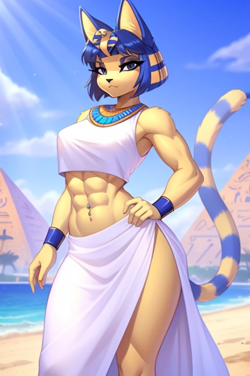 ((best quality)), ((masterpiece)), (detailed),  digital artwork of a  yellow cat ankha with rock hard abs wearing a crop top of her white sleeveless dress with white long dress skirt, a bare midriff and a bare navel, , Egyptian setting, anthro, furry style, tail, she looks snobbish, navel piercing,  blue Egyptian handbands, white eyes, seductive pose