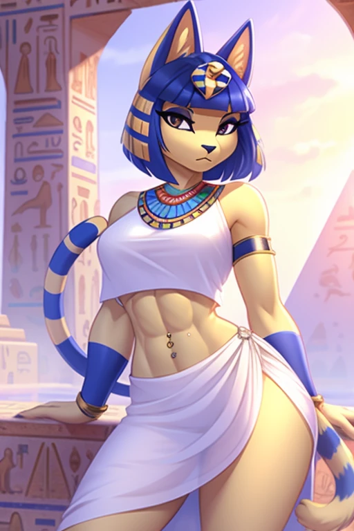 ((best quality)), ((masterpiece)), (detailed),  digital artwork of a  yellow cat ankha with rock hard abs wearing a crop top of her white sleeveless dress with white long dress skirt, a bare midriff and a bare navel, , Egyptian setting, anthro, furry style, tail, she looks snobbish, navel piercing,  blue Egyptian handbands, white eyes, seductive pose