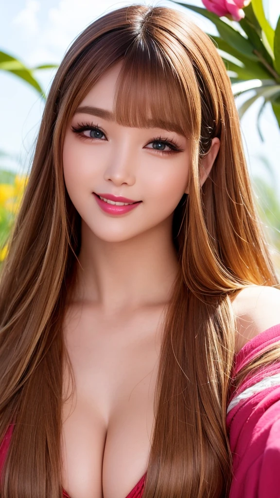 Beauty, Mystical Eyes、Big 、Super sexy、Pale skin、Shiny Hair、Super long hair、Loose and fluffy perm、Close to blonde、Are fat、fat、smile、Heavy makeup、Pink lipstick、Thick lipoisturized lips、Plump、Voluptuous、Indian、spring、Blue sky、White cloud、looking at the camera、Has bangs、Bangs fall on the forehead、Heavy makeup、Heavy makeup、The face is dark、Exotic Face
