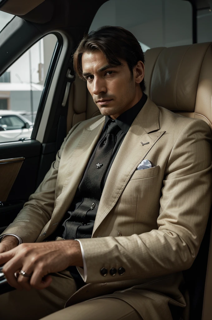 a man sitting in a rolls royce car, detailed steering wheel with double R emblem, high quality photo, realistic, sharp focus, cinematic lighting, luxury interior, expensive car, elegant, chic, opulent, wealthy, exclusive, sophisticated, elegant man, fashionable outfit, glamorous, premium quality