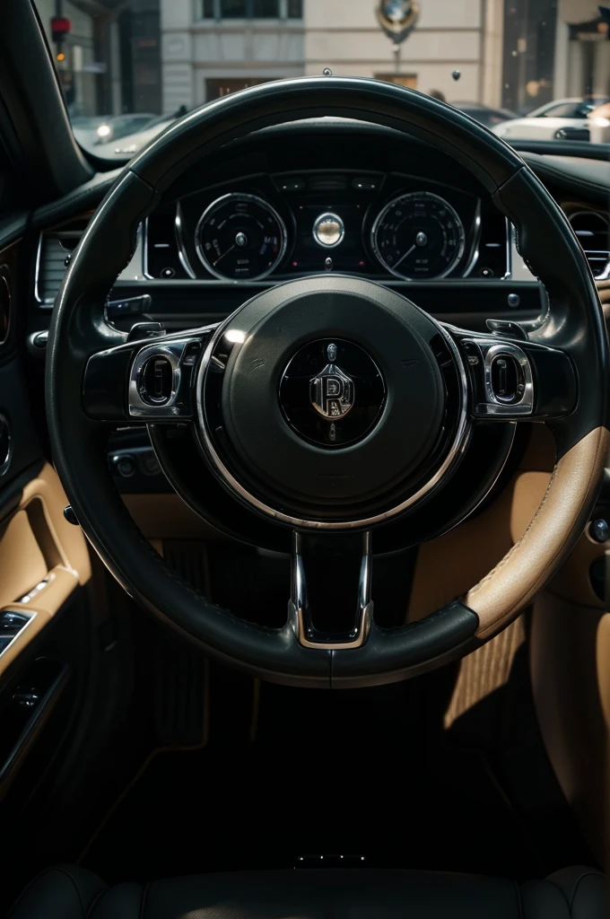 a man sitting in a rolls royce car, detailed steering wheel with double R emblem, high quality photo, realistic, sharp focus, cinematic lighting, luxury interior, expensive car, elegant, chic, opulent, wealthy, exclusive, sophisticated, elegant man, fashionable outfit, glamorous, premium quality