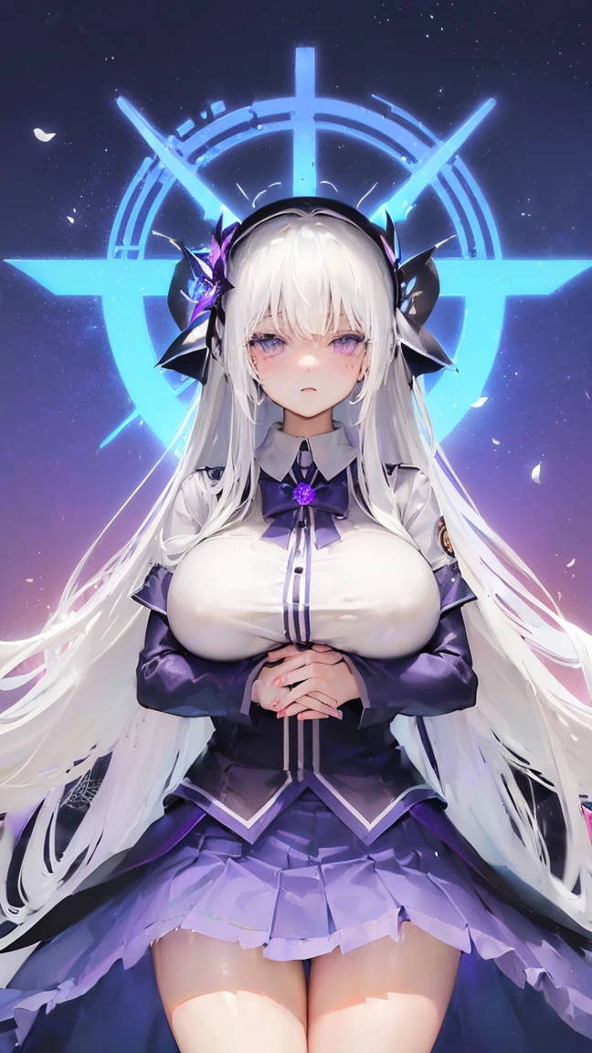 (((Itsuka Shido(date a live))),((gender bender,white hair,dark purple_eyes,cowboy shot,long straight hair)),((school uniform,gigantic breasts swelling,huge stature))