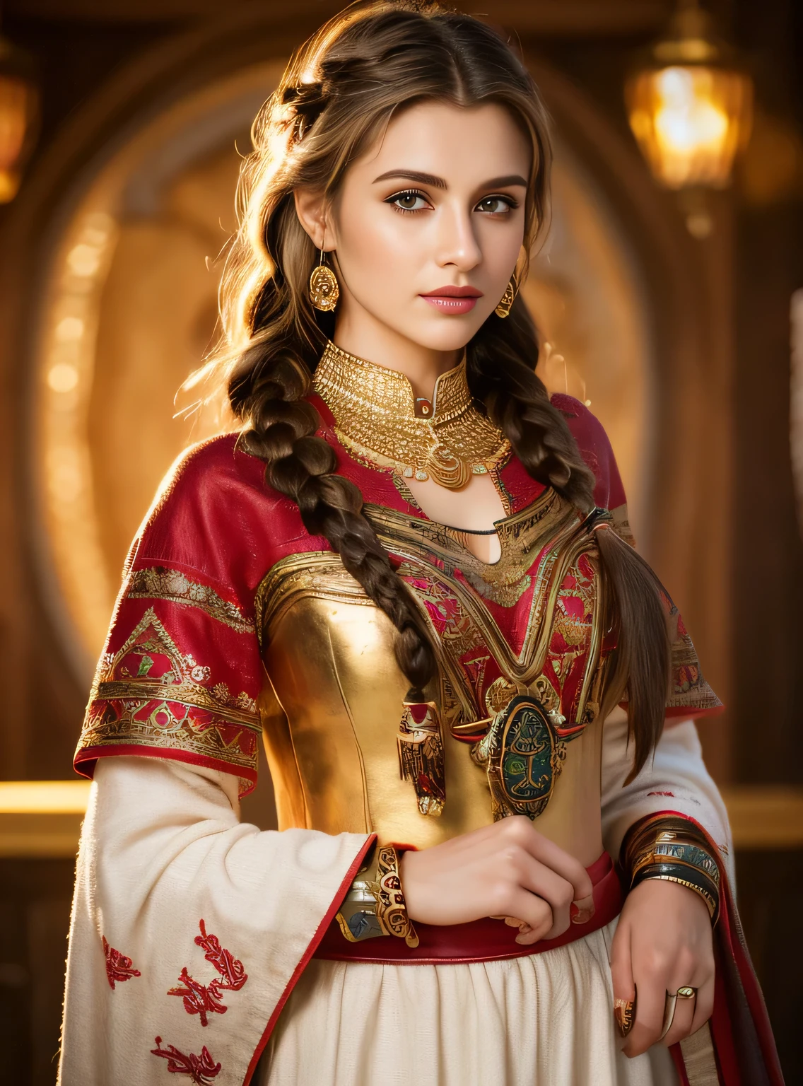 (best qualityer,4K,8K,high resolution,work of art:1.2),ultra detali,(realisitic,photorealisitic,photo-realisitic:1.37),Indian women in Viking style,illustration,leather armour,Embroidered clothes,elaborate jewelry,Courageous Spirit,shield with intricate carvings,fierce warrior with long braided hair,ornate boat at sea,exotic landscape with mountains and forests,portraits,swirly vibrant colors,warm color tones,soft golden lighting