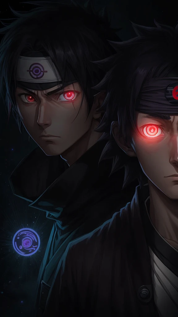 bioluminescent Masashi Kishimoto Manga style portrait of obito uchiha with sharingan and Rinningan, 1 eye red sharingan, other eye purple Rinningan, exquisite detail especially in the eyes.