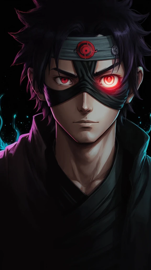 bioluminescent Masashi Kishimoto Manga style portrait of obito uchiha with sharingan and Rinningan, 1 eye red sharingan, other eye purple Rinningan, exquisite detail especially in the eyes.