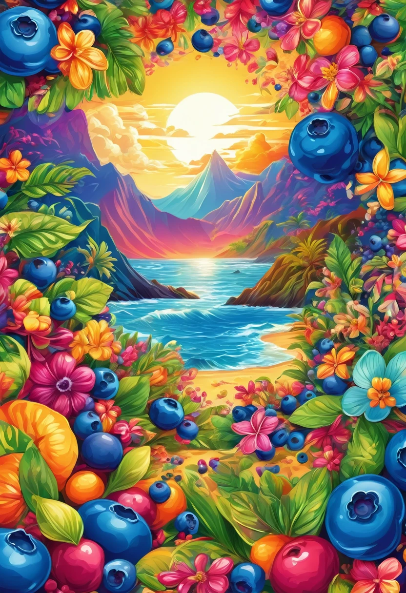 vectorial art, With many colorful blueberry illustrations, At the center, swirly vibrant colors, high détail,Hawaiian style background