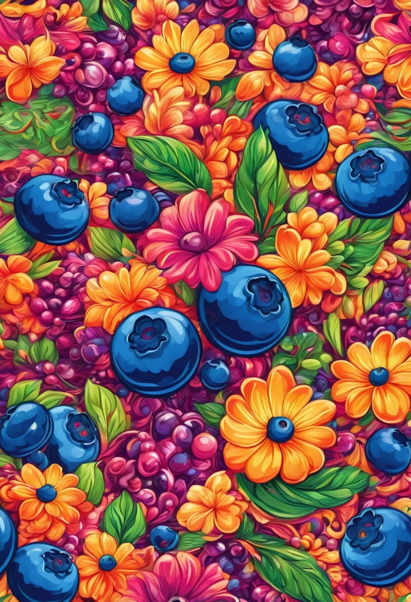vectorial art, With many colorful blueberry illustrations, At the center, swirly vibrant colors, high détail,Hawaiian style background