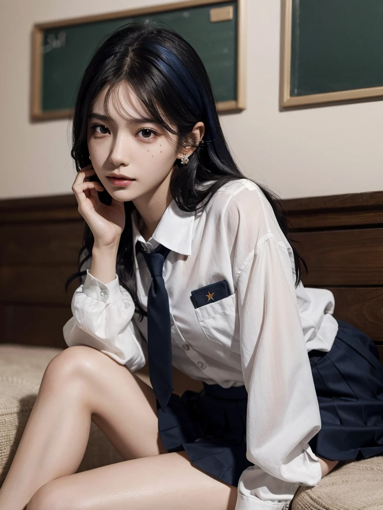 absurdres, RAW photo, extremely delicate and beautiful, masterpiece, Best Quality, ultra high resolution, 32k, hyperrealistic, ultra-detailed, perfect figure, in her 20s, very small head, very small face, delicate facial features, tearful mole, earring, very huge breasts, bare legs, full body shot, medium hair, black hair, colored inner hair, ((school_uniform)),