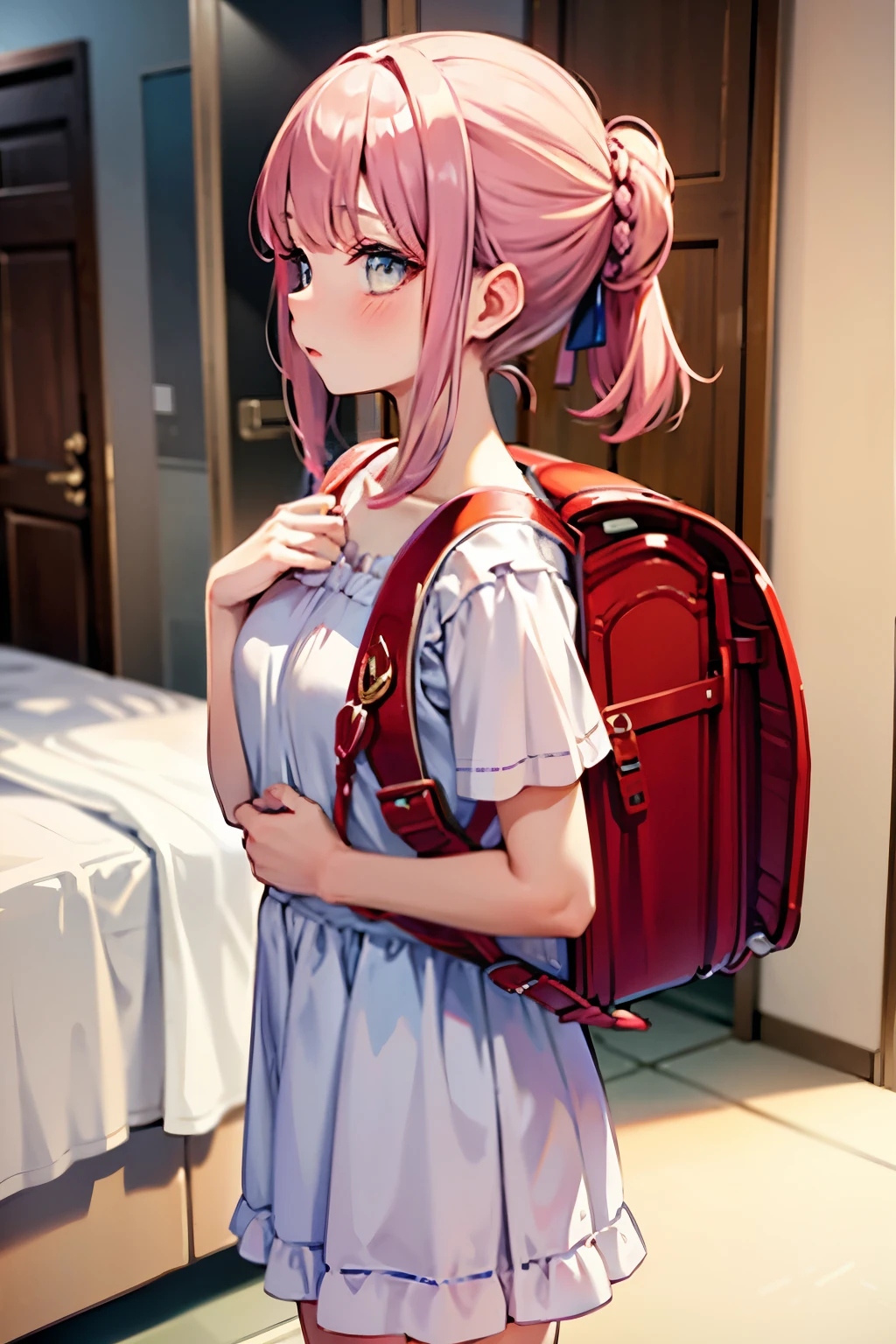 Masterpiece, wear nightgown, (nightgown:1.2), girl in her twenties, small breasts, perfect skin, perfect figure, hair tied back, gravure,wearing randoseru backpack, side view, (randoseru backpack:1.2), standing