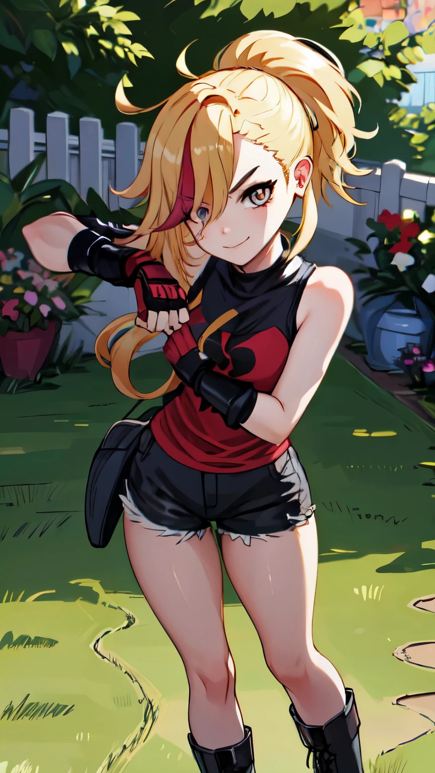 (best quality:1.2),solo,1girl,mdrin,smile,looking at viewer, PLAYING GUITAR ,lovely pose, ponytail,v-shaped eyebrows,red shirt, fingerless gloves,black shorts , garden background, warm color tones,soft lighting, Hair over one eye, ultra long hair, standing on hooftop, long boots, long ponytail, blonde