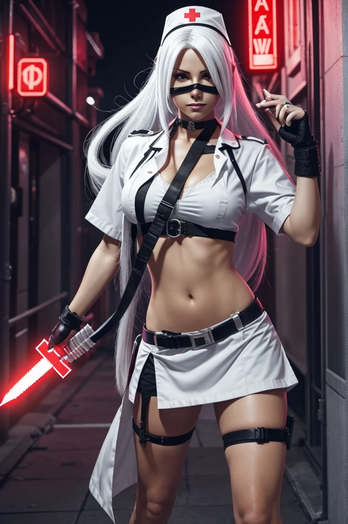 { "prompt": "A realistic depiction of Valentine from Skullgirls. She is a ninja nurse with long white hair, dressed in a revealing nurse outfit with a face mask. Her outfit is primarily white with red accents, including a red cross symbol. She has an athletic build, sharp eyes, and carries medical-themed weapons such as syringes and scalpels. The background should be a modern city at night with neon lights to match the game's aesthetic.", "size": "1024x1792" }