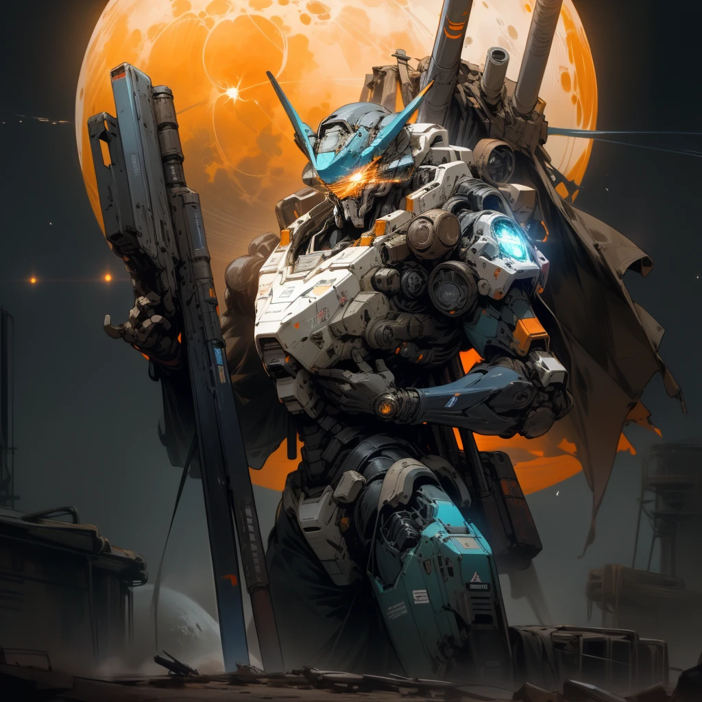 On the moon, barren planets, Ruins, holding_weapon, no_humans, (representative of the earth), Transformers, bright, robot, building, Planet Earth, blue and brown color, glowing_eyes, orange wick, science_fiction, realist, mecha, background of the Milky Way galaxy, neon, Cyberpunk,