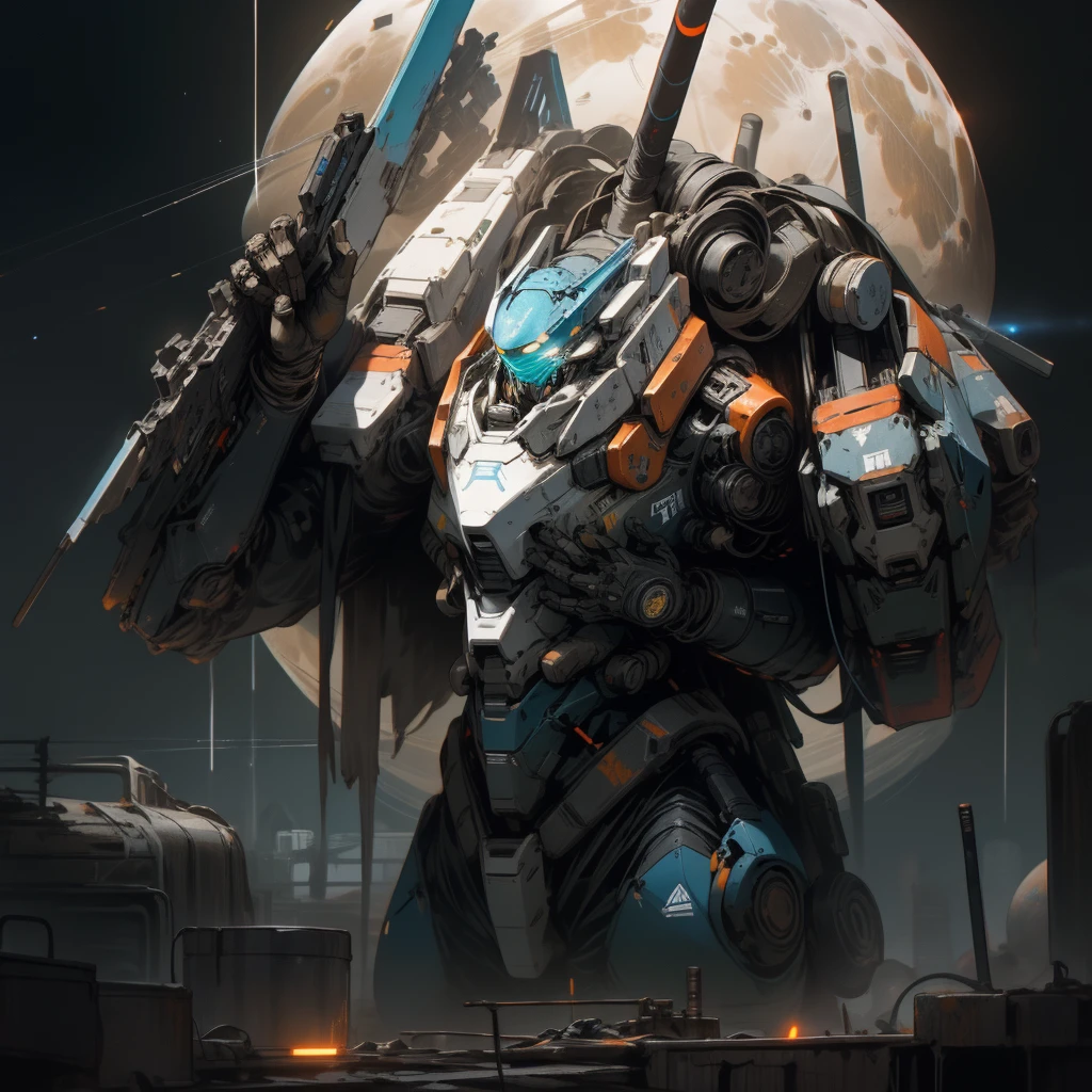 On the moon, barren planets, Ruins, holding_weapon, no_humans, (representative of the earth), Transformers, bright, robot, building, Planet Earth, blue and brown color, glowing_eyes, orange wick, science_fiction, realist, mecha, background of the Milky Way galaxy, neon, Cyberpunk,