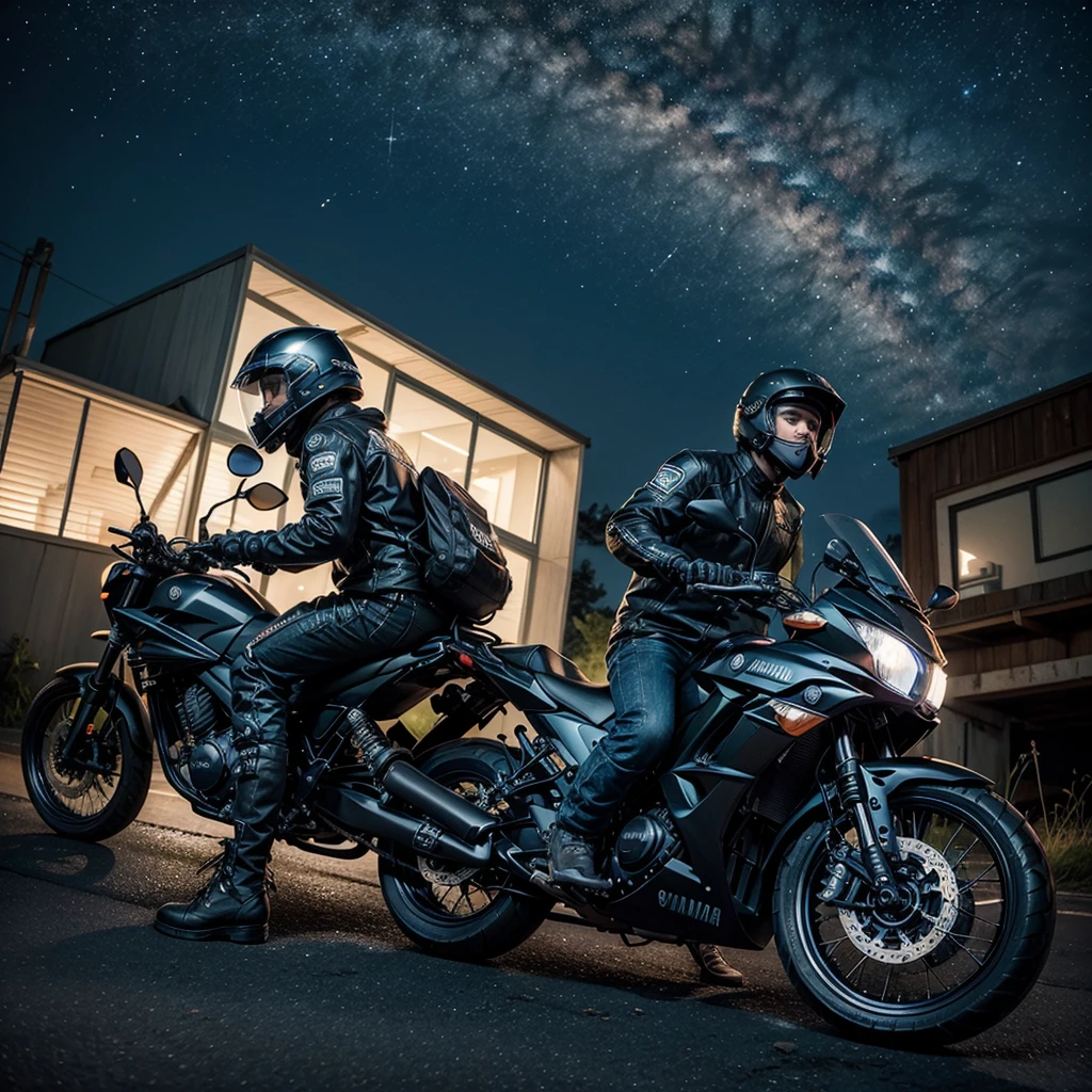 masterpiece quality, Apocalyptic night scene, sky with stars, man riding a Yamaha Lander 250 motorcycle, he is wearing a helmet with futuristic biker clothes
