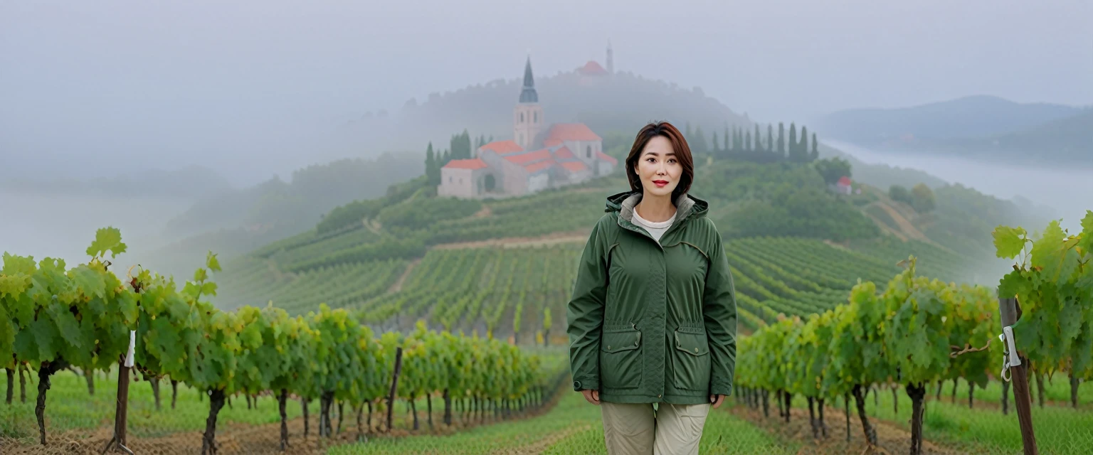 8k best picture quality, Beautiful 36-year-old Korean woman, Chest size 34 inches, The cathedral can be seen through the early morning fog past the vineyards in the Croatian countryside., The back background is realistic and vivid image quality, short and medium hair, Wearing summer short parka and casual pants,Perfect and realistic photos, The background is realistic. Full body shot with Canon camera 16-35 wide angle lens, expressionless, Standing on a vineyard hill covered in thick fog