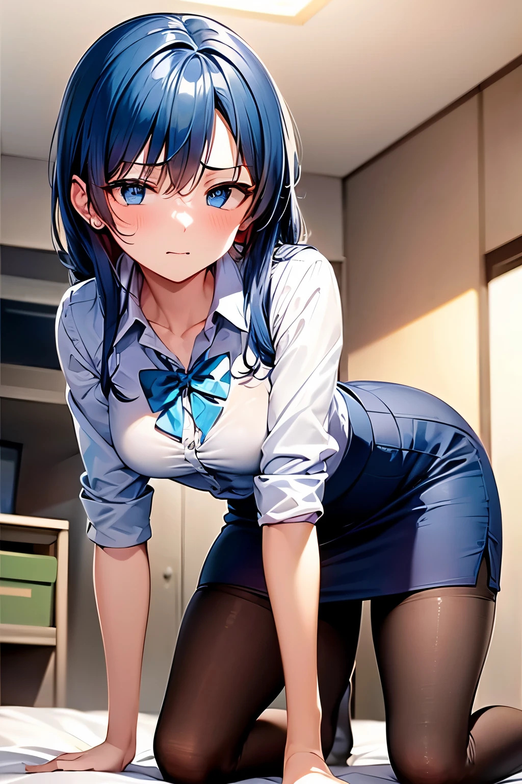 Highest quality, (masterpiece:1.2), Very detailed,
One girl, alone,
View your viewers, Embarrassed expression, Medium chest,
Light blue eyes, Blue Hair, Eyes without light、Medium-long hair、Permed hair、((pantyhose))、Bedroom、((office worker))、((Tight Skirt))、(mini skirt)、(Kneeling)
