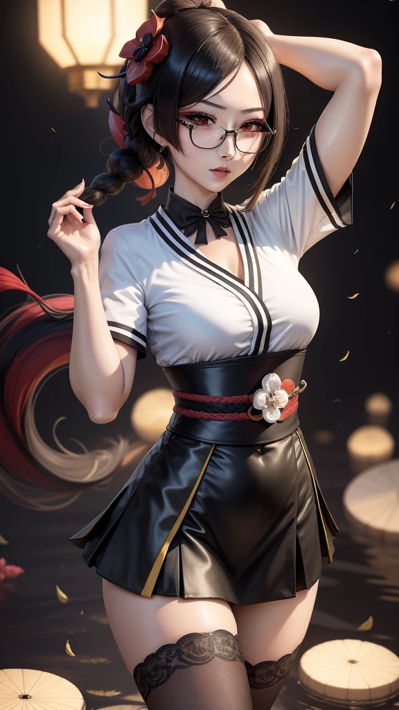 Chiori, (genshin impact), Sexy aesthetic wet short skirt white shirt short black skirt black stockings long hair glasses hands raised
