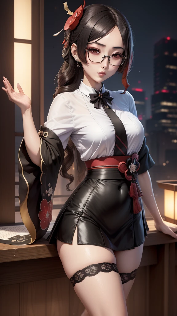 Chiori, (genshin impact), Sexy aesthetic wet short skirt white shirt short black skirt black stockings long hair glasses hands raised
