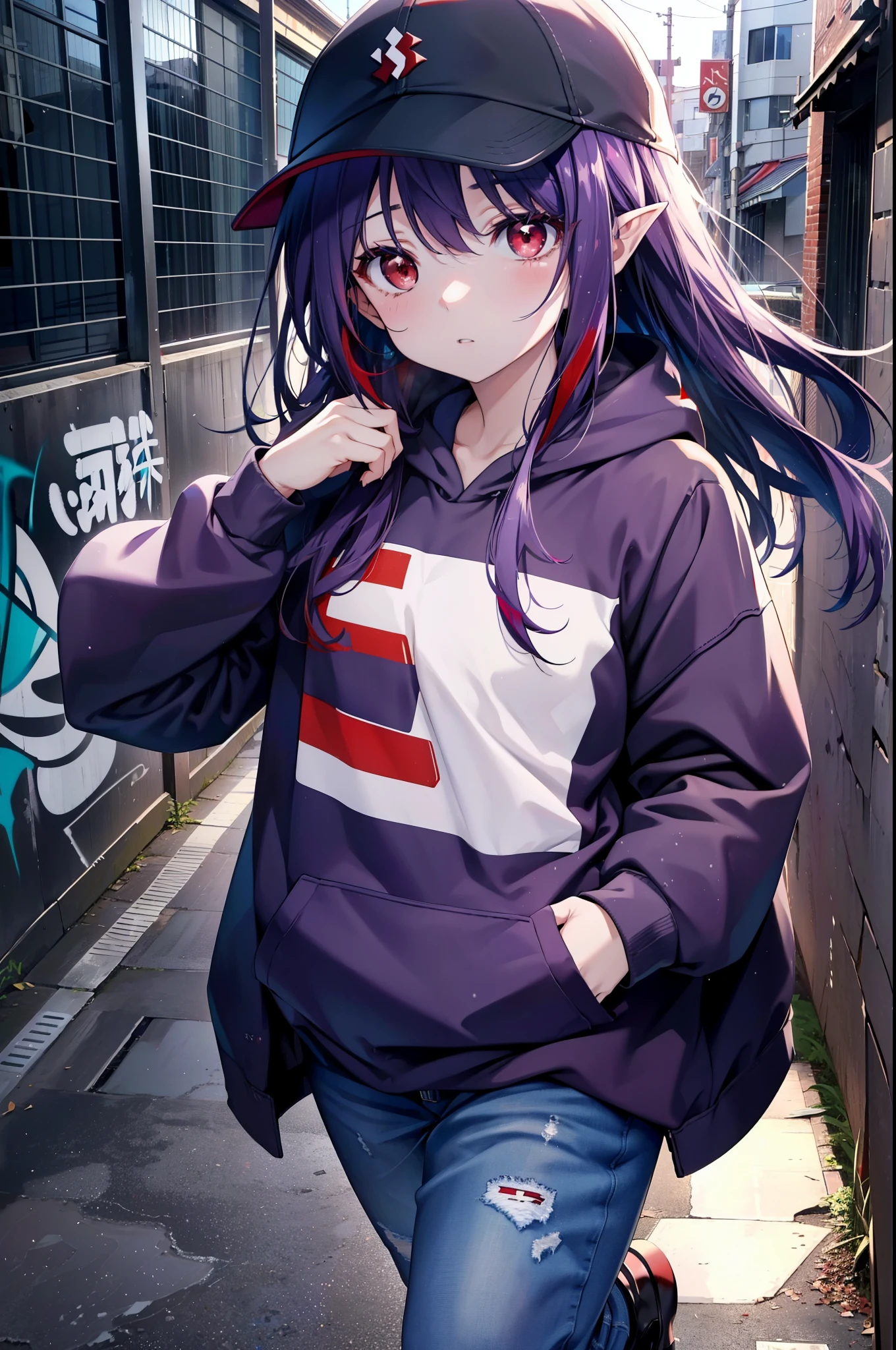 yuukikonno, Konno Yuuki, Long Hair, Pointed Ears, Purple Hair, (Red eyes:1.5), (Small breasts:1.2), Open your mouth,Baseball hats,Oversized purple hoodie,jeans,Thick hem,short boots,Walking,Graffiti wall,Daytime,Clear skies,Both hands are in the pockets of the hoodie、whole bodyがイラストに入るように,
break looking at viewer, whole body,
break outdoors, Alley,
break (masterpiece:1.2), Highest quality, High resolution, unity 8k wallpaper, (figure:0.8), (Beautiful attention to detail:1.6), Highly detailed face, Perfect lighting, Highly detailed CG, (Perfect hands, Perfect Anatomy),