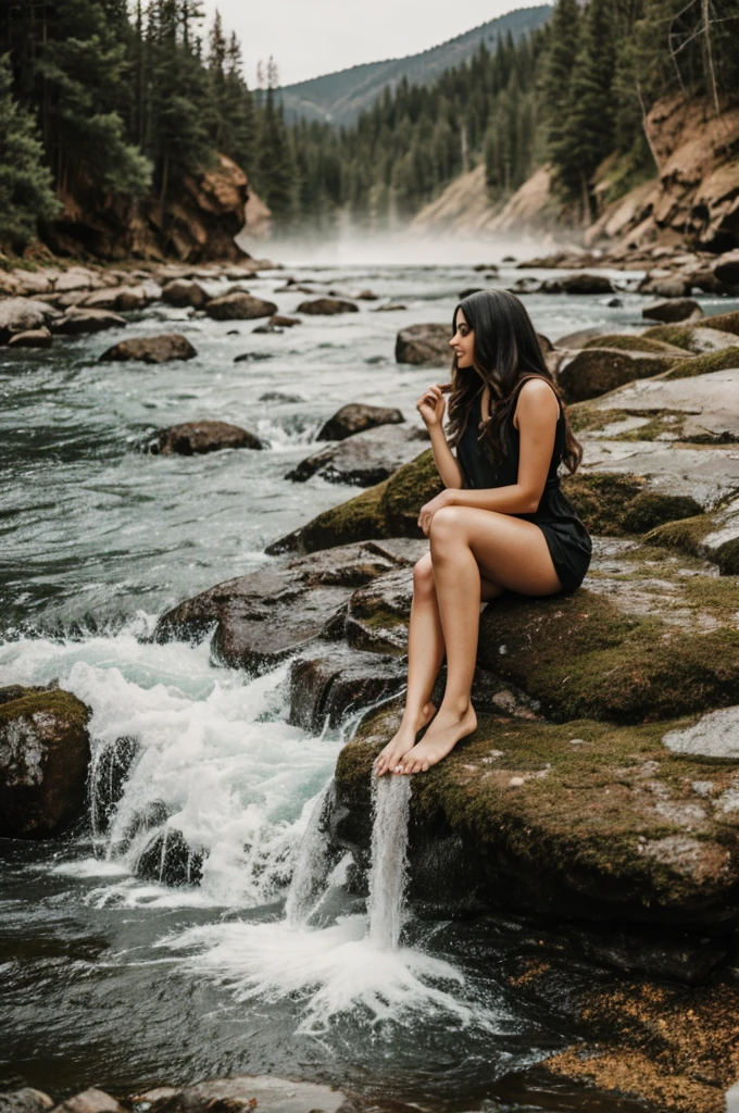 A female giant sat on a mountain and soaked her feet in lake water