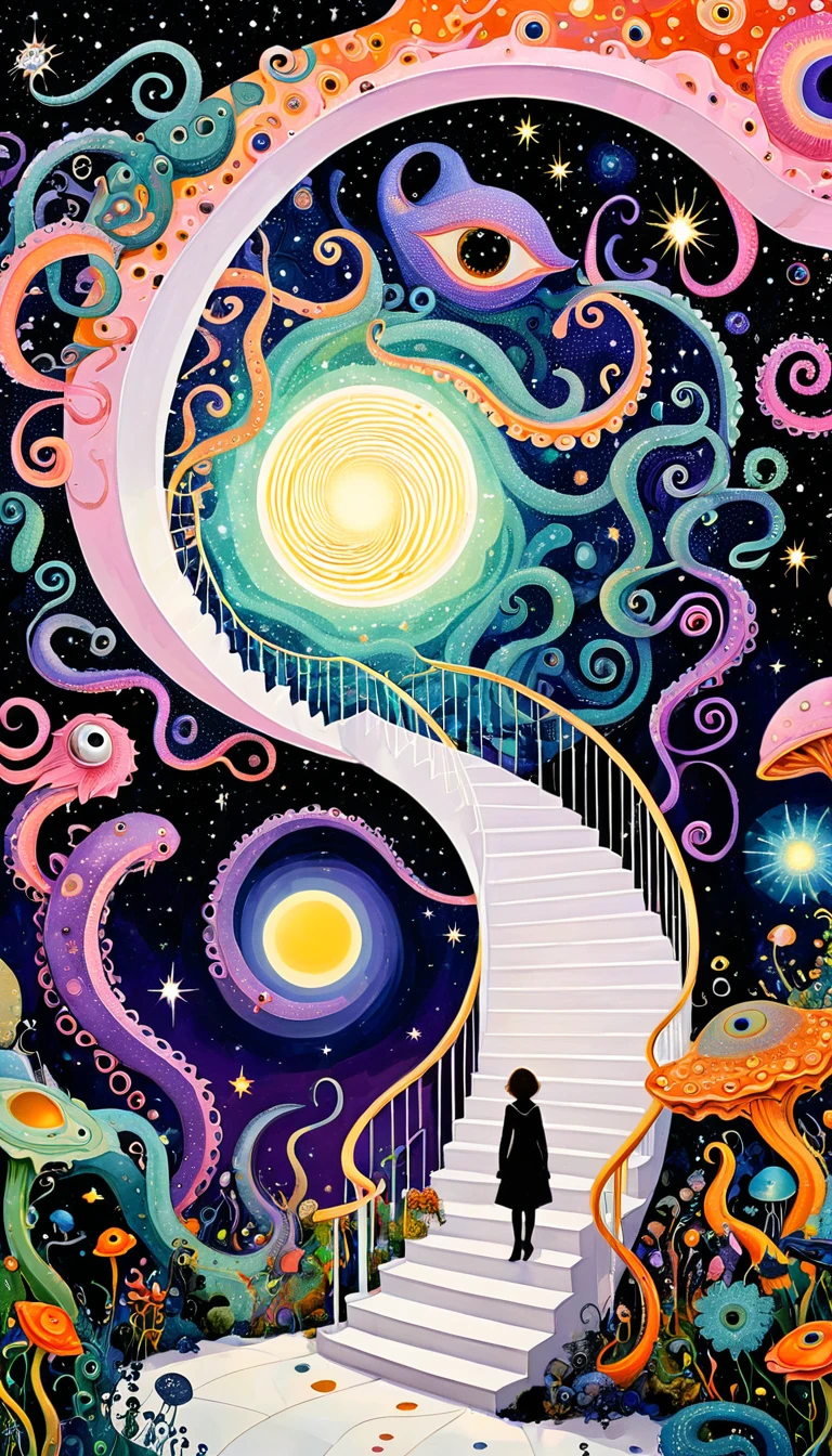 &References;Dick Ellescas Artist Style&References;,Fairy tale world,house,Tentacles瀑布,Starry Sky、rivesh、Tentacles、bird、Eye、People silhouette、diatom,Spiral staircase endless loop,Abstract mosaic painting,Describing the inner world of autistic people,Sense of space,White space,interesting,Innocence,Psychedelic Art,Pink Theme,Bold contrasts,Purple and Orange