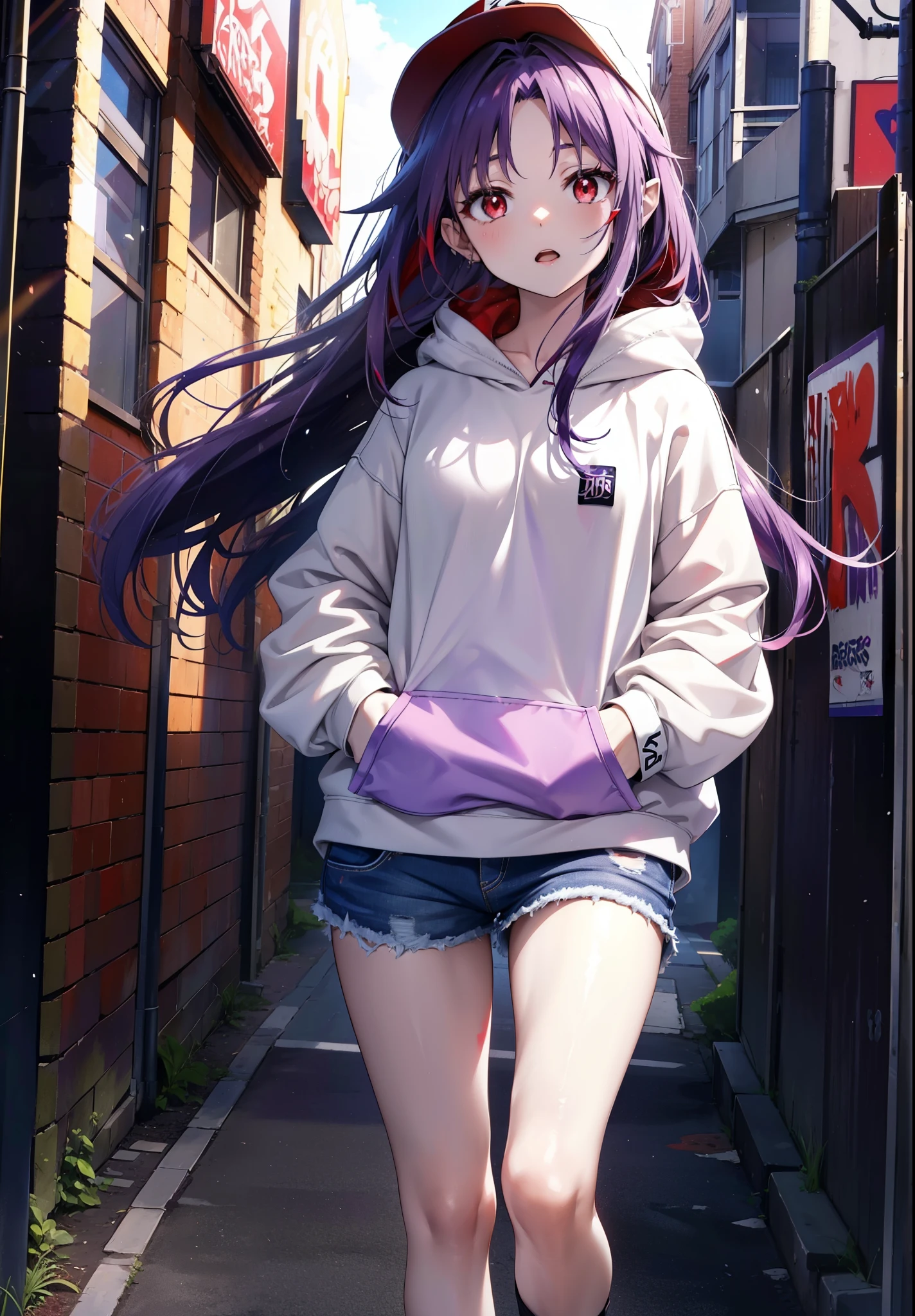 yuukikonno, Konno Yuuki, Long Hair, Pointed Ears, Purple Hair, (Red eyes:1.5), (Small breasts:1.2), Open your mouth,Baseball hats,Oversized purple hoodie,jeans,Thick hem,sneakers,Walking,Graffiti wall,Daytime,Clear skies,Both hands are in the pockets of the hoodie、whole bodyがイラストに入るように,
break looking at viewer, whole body,
break outdoors, Alley,
break (masterpiece:1.2), Highest quality, High resolution, unity 8k wallpaper, (figure:0.8), (Beautiful attention to detail:1.6), Highly detailed face, Perfect lighting, Highly detailed CG, (Perfect hands, Perfect Anatomy),