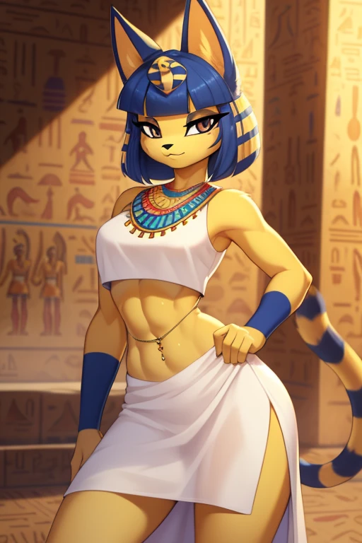 ((best quality)), ((masterpiece)), (detailed),  digital artwork of a  yellow cat ankha with rock hard abs wearing a crop top of her white sleeveless dress with white long dress skirt, a bare midriff and a bare navel, , Egyptian setting, anthro, furry style, tail, she looks snobbish, navel piercing,  blue Egyptian handbands, white eyes, seductive pose